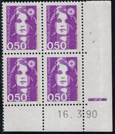 MARIANNE DE BRIAT - N°2619  0.50c BLOC DE 4 COIN DATE - LE 16-3-90. - 1990-1999