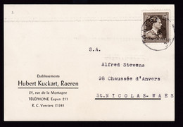044/38 - CANTONS DE L'EST - Carte Privée TP Col Ouvert RAEREN 1956 Vers ST NICOLAS - Etablissements Hubert Kuckart - 1936-1957 Offener Kragen