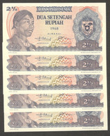 Lot 5 Pcs Indonesia 2 1/2 2.5 Rupiah General Sudirman 1968 UNC - Indonésie