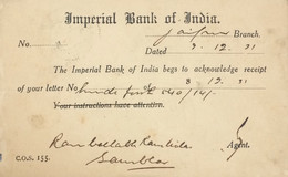 INDIA 1931, PRIVATE PRINTED CARD, IMPERIAL BANK OF INDIA, JAIPUR TO SAMBHR -LAKE CANCEL ON KGV STAMP. - Jaipur