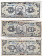 Lot De 3 Billets Equateur 100 Sucres - Bank Notes Ecuador Cien Sucres - Equateur