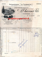 74-THONES- FACTURE A. THEVENET FILS-FROMAGERIE FROMAGE  LA TOURNETTE-1952- M. VOITOUX 49 RUE MARIETTON LYON- - Alimentos
