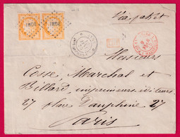 COLONIE GENERALE N°13 PAIRE LOSANGE INDE CAD PONDICHERY VOIE ANGLAISE POUR PARIS 1875 INDIA LETTRE COVER - Ceres