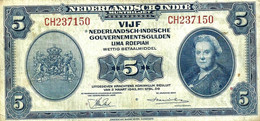 NETHERLANDS EAST INDIES 5 GULDEN BLUE WOMAN FRONT AIRPLANE SHIP BACK 02-03-1943 P.113 VF READ DESCRIPTION CAREFULLY !!! - Other - Asia
