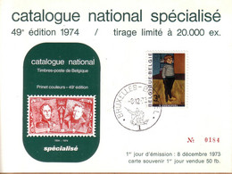 BELGIQUE - CARTE SOUVENIR CATALOGUE NATIONAL BRUXELLES , 1ER JOUR 8 DECEMBRE 1973 , 3 F H. EVENEPOEL - Herdenkingskaarten - Gezamelijke Uitgaven [HK]