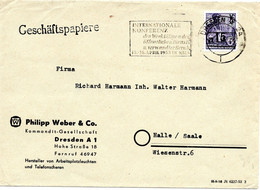 55562 - DDR - 1955 - 15/16Pfg Fuenfjahrplan EF A GeschBf DRESDEN - ... KONFERENZ ... -> Halle - Storia Postale