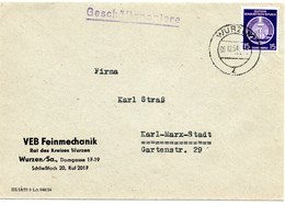55564 - DDR - 1954 - 15Pfg Dienst Zirkel Links EF A GeschBf WURZEN -> Karl-Marx-Stadt - Briefe U. Dokumente