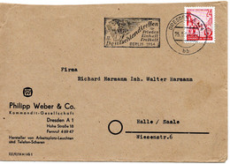 55567 - DDR - 1954 - 24Pfg Fuenfjahrplan EF A Bf DRESDEN - DEUTSCHLANDTREFFEN ... -> Halle - Cartas & Documentos