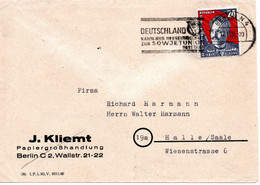 55576 - DDR - 1951 - 24Pfg Liebknecht EF A Bf BERLIN - ... FREUNDSCHAFT ZUR SOWJETUNION ... -> Halle - Lettres & Documents