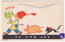 Einar Nerman 1925 CP Suède Noël Enfant Cochon Chat Noir Bougie Pig Cat Sweden Art Deco Christmas Postcard God Jul A84-50 - Other & Unclassified