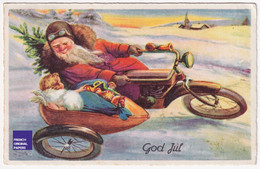 Carte Postale 1932 Suède Père Noël Santa Claus Side-car Moto Father Christmas Postcard God Jul Poupée Jouet Ange A84-52 - Santa Claus