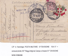 REGNO - ITALIA - FRANCHIGIA  - 51° DIVISIONE + XX ° REGG. ARTIGL. DA CAMPO - NON COMUNE - VIAGGIATA X FIRENZE PUNTI 7 - Portofreiheit