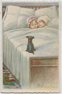 Illustrateur E. COLOMBO - CPA - - Couple D'enfants Endormis Dans Leur Lit Avec Petit Chien TBE - Colombo, E.