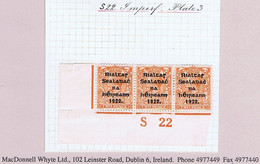 Ireland 1922 Thom Rialtas Ovpt In Blue-black On 2d Die 2, Control S22 Imperf Corner Strip Of 3 Plate 4 - Unused Stamps