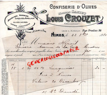 30- NIMES- RARE FACTURE LOUIS CROUZET-CONFISERIE OLIVES-MAISON SANTET-26 RUE PRADIER- USINE A ST SAINT JEAN DE FOS-1910 - Levensmiddelen