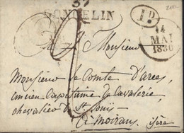 38 Isère Marque Postale 37 GONCELIN (40x11) Dateur 14 MAI 1830 + 1 Décime Rurale Lettre De Pontcharra Morsure Singe - 1801-1848: Precursors XIX