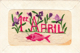 CPA Brodée Fantaisie - 1er Avril - Poisson Brodé Rose - Embroidered
