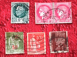 France-Indices Et Support Divers 6 Timbres Stamp Perforé, Perforés,Perfin Perfins,Perforatis,Perforated,Perforata - Usados