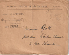 France 1915 Enveloppe PTT Service Dépeches Télégraphiques - 1877-1920: Période Semi Moderne