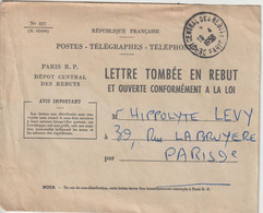 France 1956 Enveloppe PTT Paris RP Rebut Avec Oblit Dépot Central Des Rebuts Paris - 1921-1960: Période Moderne