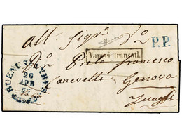 ARGENTINA. 1857. BUENOS AIRES To GENOA. Entire Letter With BUENOS AIRES Datestamp In Blue From The Sardinian Office In B - Autres & Non Classés