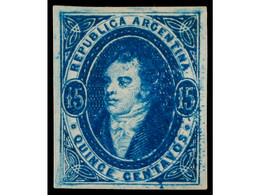 (*) ARGENTINA. 1867. 15 Ctvos. Azul Sin Filigrana. Color Y Márgenes Excepcionales. Impresión Fina, Leves Puntos Claros,  - Sonstige & Ohne Zuordnung