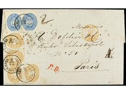 LEVANTE: CORREO AUSTRIACO. 1864. CONSTANTINOPLA A PARÍS. 10 Soldi (2) Y 15 Soldi (4). Preciosa. - Autres & Non Classés