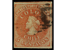 ° CHILE. 1853. 5 Ctvos. Castaño Rojo. Tres Grandes Márgenes Y El Cuarto Completo. Sc.1. - Autres & Non Classés