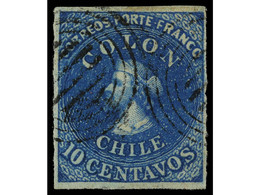 ° CHILE. 1853. 10 Ctvos. Azul. MAGNÍFICO EJEMPLAR. Sc.2. - Sonstige & Ohne Zuordnung