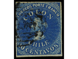 ° CHILE. 1853. 10 Ctvos. Azul. MUY BONITO EJEMPLAR. Sc.2. - Sonstige & Ohne Zuordnung