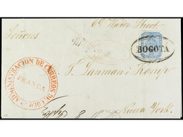 COLOMBIA. 1860. BOGOTÁ A NEW YORK. 20 Cts. Azul, Mat. Ovalado BOGOTÁ Y Circulada Via Panamá Vía Encaminador C.J. FOX En  - Autres & Non Classés