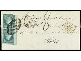 CUBA. 1857. HABANA A PARÍS. 1/2 Real Azul, Pareja Vertical Borde De Hoja, Mat. Parrilla Colonial. Circulada Por El Corre - Sonstige & Ohne Zuordnung