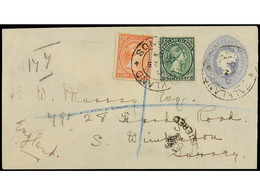 FALKLAND. 1904. FALKLAND To SURREY. 2 1/2 D. Grey Postal Stationary Envelope Uprated By 1 D. Orange And 1/2 D. Green To  - Sonstige & Ohne Zuordnung