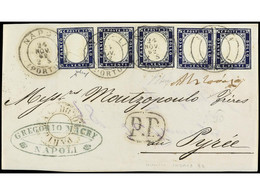 ITALIA. 1862. FRONTESPIZIO. NÁPOLES A PYREE (Grecia). 20 Cents. Azul (5), Tres Sellos Y Una Pareja. Muy Bonita. Sa.Cer.  - Sonstige & Ohne Zuordnung