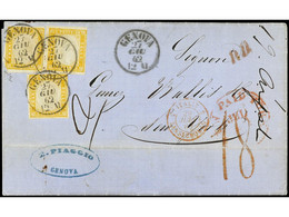 ITALIA. 1862. GÉNOVA A NEW YORK. 80 Cents. Amarillo (3) (un Sello Defecto). Doble Porte. Muy Bonita. Sa.Cer. 16 (3). - Sonstige & Ohne Zuordnung