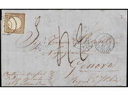 PERU. 1865. LIMA A GÉNOVA (Italia). 1 Peseta Castaño. Mat. Fechador De Lima, Al Dorso Fechador De La B.P.O. De Callao Y  - Autres & Non Classés