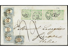 PERU. 1868. LIMA A GÉNOVA (Italia). 1 Dinero Verde Tira De Cuatro Circulada Vía Inglaterra, Tasada A La Llegada Con 9 Li - Autres & Non Classés