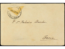 PERU. 1876. LIMA A TACNA. 1 Peseta Amarillo Bisectado. Mat. LIMA / PRINCIPAL. Precioso Y RARO Franqueo. Cert. PF'2020. S - Autres & Non Classés