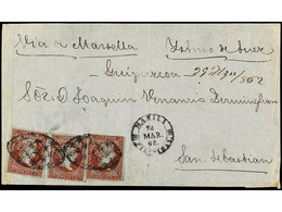 FILIPINAS. 1862. FRONTAL. MANILA A SAN SEBASTIÁN (España). 2 Reales Carmín (3), Mat. Parrilla Colonial Y Fechador MANILA - Sonstige & Ohne Zuordnung