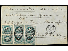 FILIPINAS. 1864. FRONTAL. MANILA A SAN SEBASTIÁN. 6 2/8 Cts. Verde (6), Mat. Parrilla Colonial Y Fechador MANILA / *. ES - Sonstige & Ohne Zuordnung