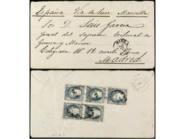 FILIPINAS. 1871. MANILA A MADRID. 10 Cts. Verde, Sello Y Bloque De Cuatro Al Dorso De La Carta, Mat. Parrilla Colonial Y - Sonstige & Ohne Zuordnung