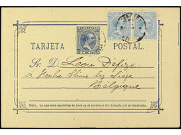 FILIPINAS. 1896. MANILA A BÉLGICA. Entero Postal De 2 Ctvos. Azul Con Franqueo Adicional De 2 Sellos De 5 Mils. Verde. R - Sonstige & Ohne Zuordnung