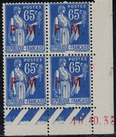 FM - TYPE PAIX - 65c - N°8 -  BLOC DE 4 - COIN DATE - 18-10-1938 - COTE 7€. - Sonstige & Ohne Zuordnung
