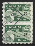 CANADA....QUEEN ELIZABETH..(1952-22..)......20c X VERTICAL PAIR.....SG0207a....OVERPRINT  TYPE 6...WRINKLED BACK. .USED. - Sobrecargados