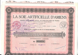 LA SOIE ARTIFICIELLE  D AMIENS SOMME - ACTION PARIS 1929, 23 COUPONS, VOIR LES SCANNERS - Textile