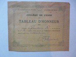 VIEUX PAPIERS - COLLEGE DE COSNE - Tableau D'Honneur 1921 - Diplômes & Bulletins Scolaires