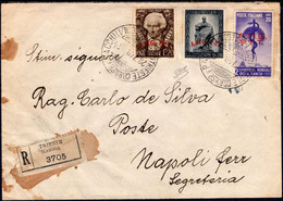 1949 28 LUG RACCOMANDATA PER NAPOLI AFFRANCATA CON TRE VALORI GEMELLI DA L.20 SANITA'+ALFIERI+MAZZINI SASS 46+47+48 FIRM - Marcofilía