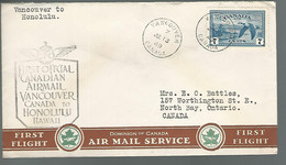 59591) Canada First Flight Vancouver To Honolulu Postmark Cancel  Vancouver 1949 - Erst- U. Sonderflugbriefe