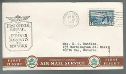 59598) Canada FDC First Flight Toronto To New York  Postmark Cancel  Toronto 1950 Air Mail - Erst- U. Sonderflugbriefe