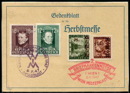 AUSTRIA 1947 Presentation Card With Postmarks Of Vienna Fair And Stamp Fair.  Michel 801, 02835-36 - Lettres & Documents